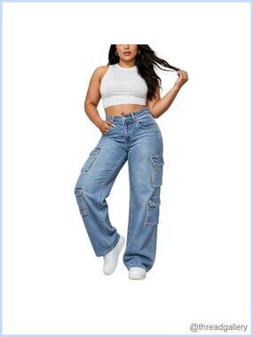 Plus Size Cargo Jeans High Waist Straight Leg Stretch Denim Womens